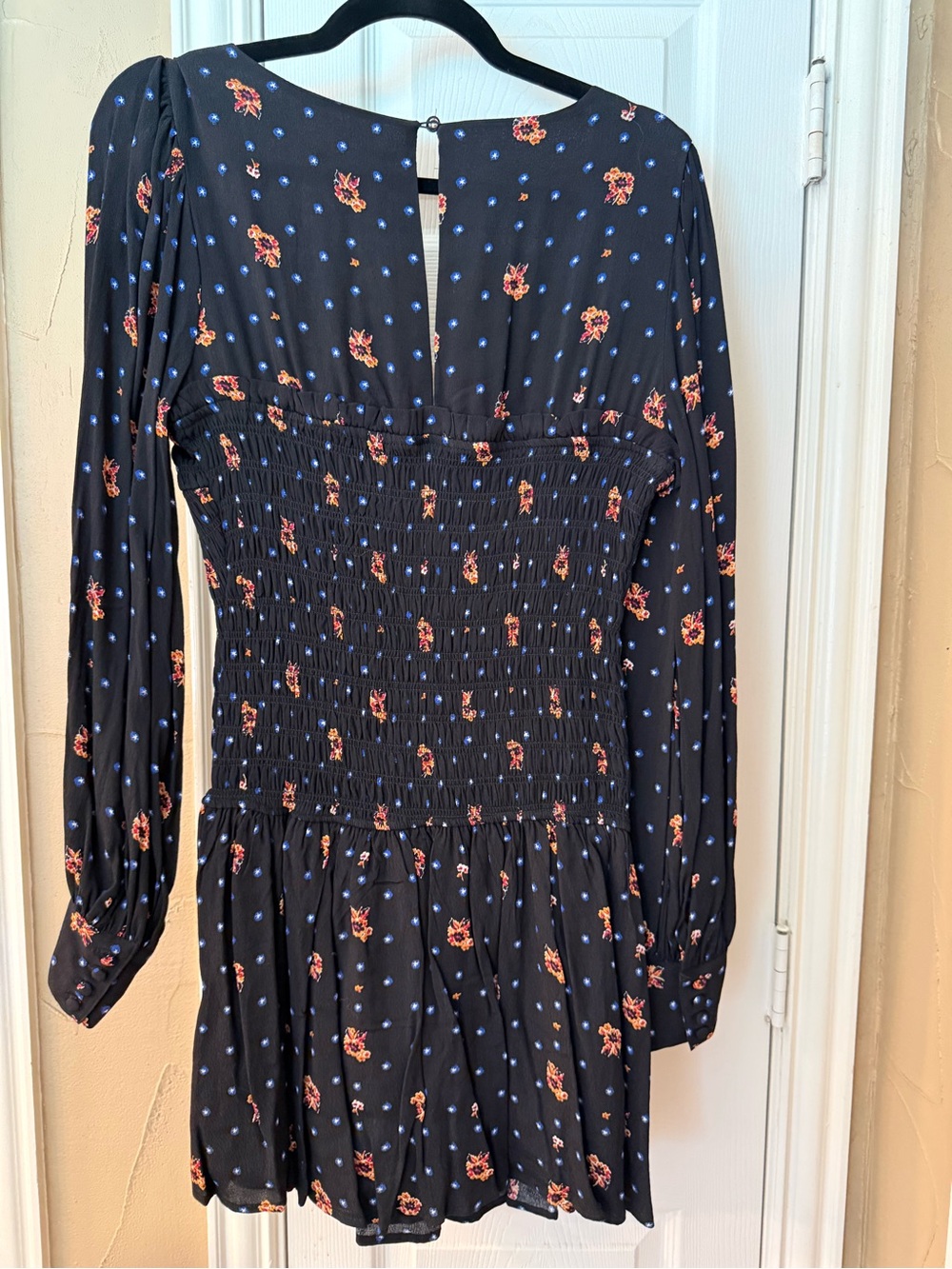 NWT Free People Black Floral Smocked Long Sleeve Mini Dress S